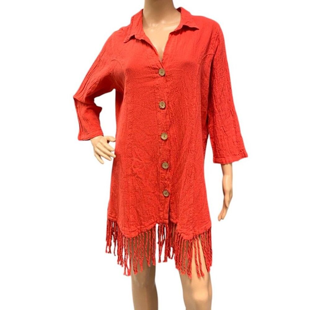 SEA BREEZE of California USA Cotton Top Tunic Fringe Asymmetrical ORANGE Sz S